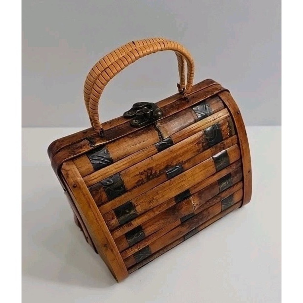 VTG Wooden Bamboo Mini Handbag‎ Hand Made *Hook Latch Closure Woven Handle* Rare